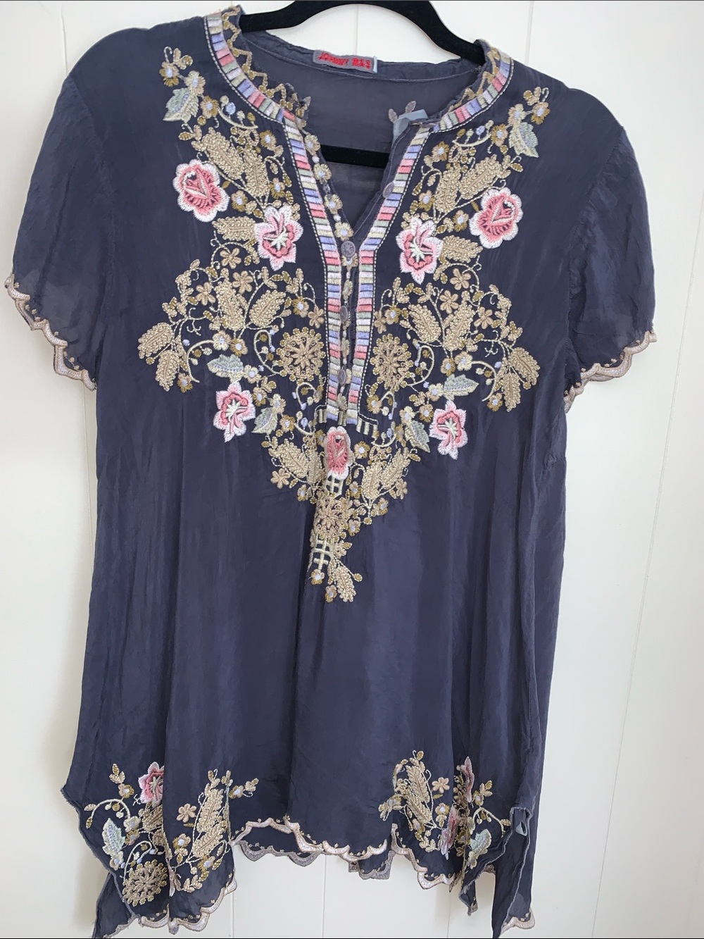Johnny Was Navy Tunic with Gold and Pink Floral Embroidery
